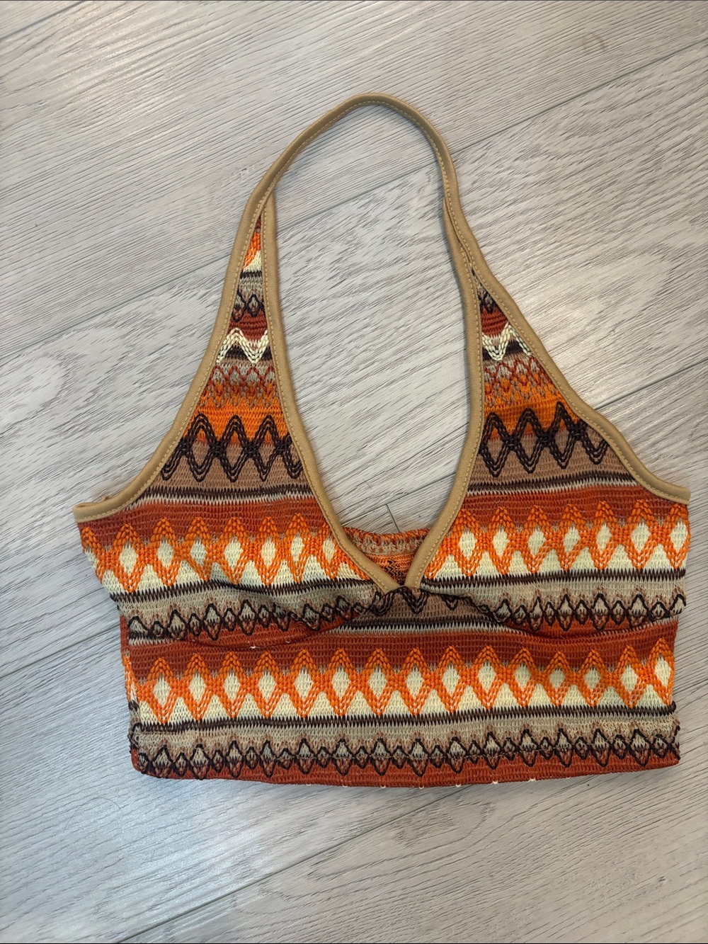 V-Neck Knit Halter Crop Top in Orange and Brown Halloween hippie costume shirt